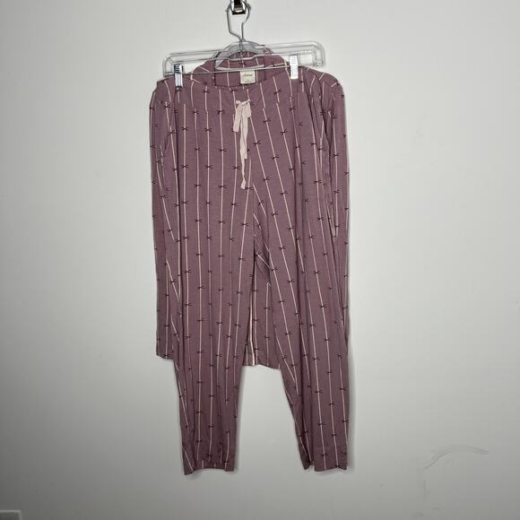 Soma Pajama Set Womens Large Purple Stripe Bow Print Button Top Drawstring Pants - Picture 1 of 14